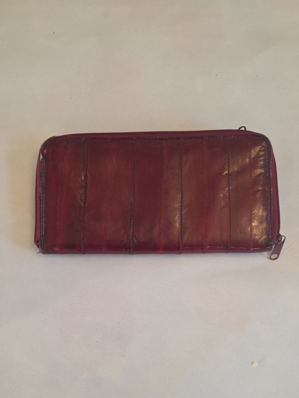 Zip-Around Eel Skin Leather Wallet in Burgundy